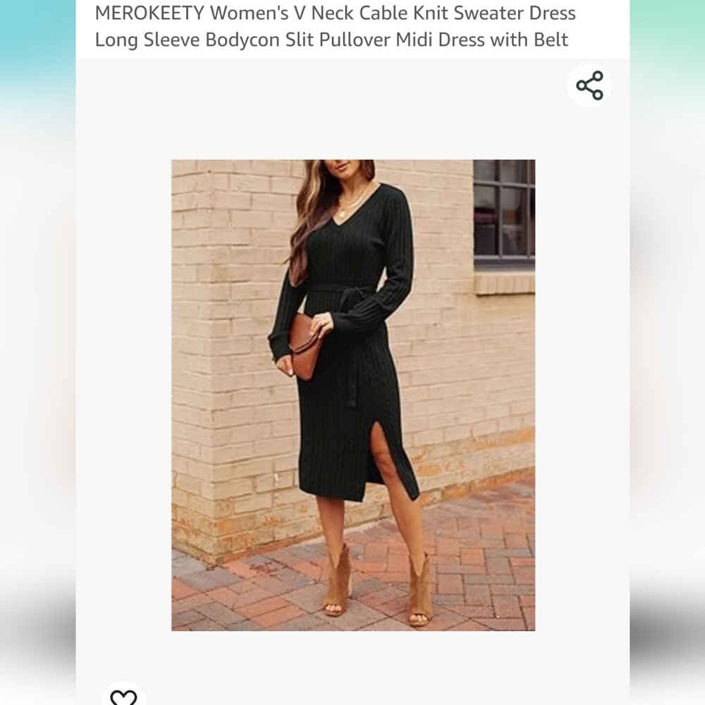 Cable Knit V Neck Sweater Dress Long Sleeve Bodycon  Slit Pullover size Small